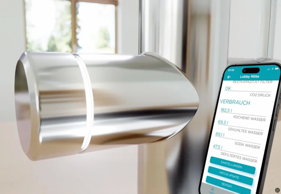 WATERCHAMPION Drück-Drehknopf mit LED-Ring und Smartphone mit Systemstatus in der App